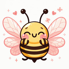 Adorable cartoon bumblebee with pink wings and a happy face.
