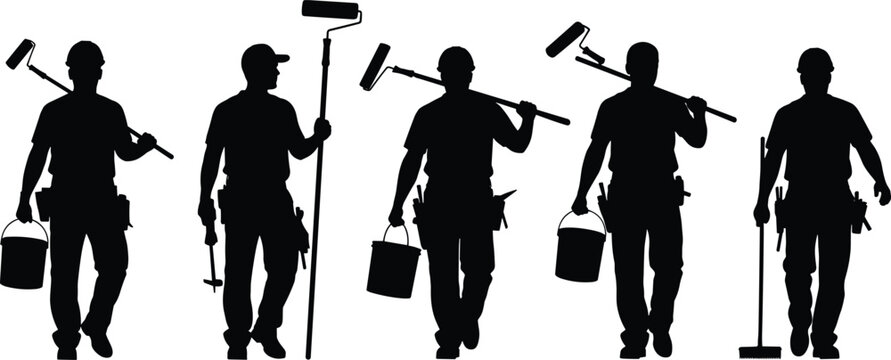 Painter silhouettes, construction workers, paint rollers, renovation crew, hard hats, painting tools, home improvement, labor force, industrial work, vector art