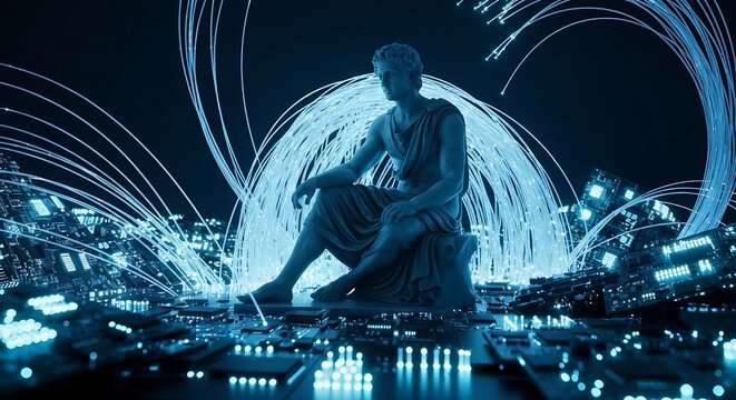Ancient wisdom meets futuristic technology, a powerful fusion of classical art and digital innovation illuminating the path forward. - Powered by Adobe