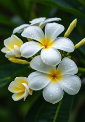 Obraz premium white plumeria flower, Macro shot of white tuberose flowers covered in sparkling water drops after rain. Delicate petals, green buds create natural, fresh aesthetic. Perfect for summer garden themes, 