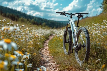 Obraz premium A mountain bike resting on a flower-lined trail under a sunny sky in a scenic landscape