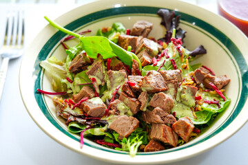 Visually striking steak salad with crisp greens, shredded beets, and creamy herb dressing—artfully styled for clean-eating campaigns, recipe sites, and premium health content.