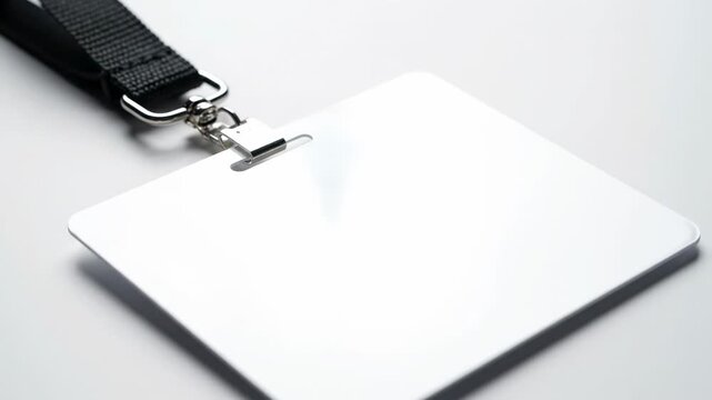 Blank White ID Card with Lanyard - A close-up shot of a blank white ID card attached to a black lanyard.