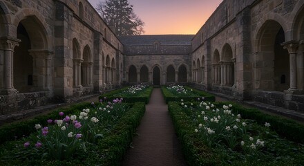 Fototapeta premium Historic Cloister Courtyard with Blooming Spring Flowers Under a Serene Sunset Sky