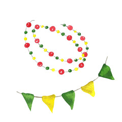 garland of yellow and green flags and garland of light bulbs, watercolor illustration for design, postcards, and packaging