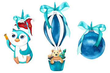 set of Christmas tree decorations with a blue bow, a penguin, a balloon, a glass ball, a watercolor illustration for postcards, dishes, children's textiles, and New Year packaging