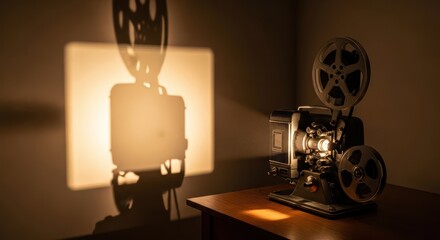 Nostalgic charm vintage film projector creating cinematic shadow play on the wall