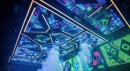 Abstract geometric shapes illuminated with vibrant colors in a modern architectural design