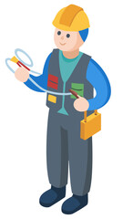 Isometric illustration of a professional electrician character in a hard hat and uniform holding wires and a diagnostic tool for maintenance