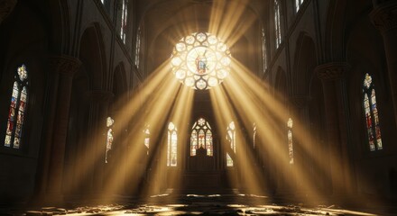 Divine illumination through stained glass windows creating ethereal church atmosphere