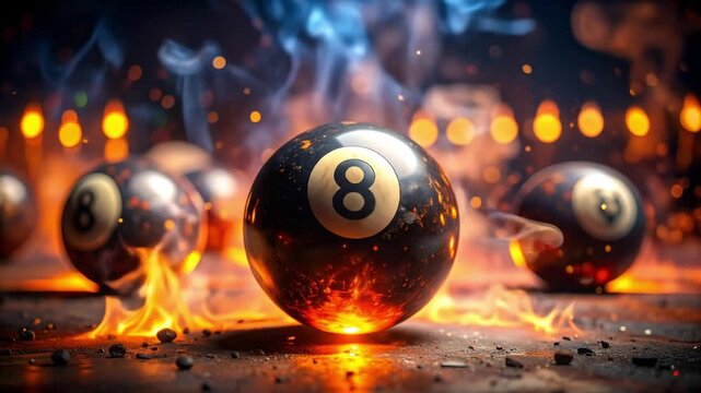 Close-up of a burning 8 ball pool surrounded by flames and sparks in a dark background.