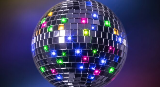 Shimmering mirrorball with vibrant highlights reflecting a sense of celebration and vibrant energy