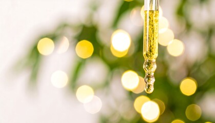 Dropper bottle with golden liquid, bokeh background