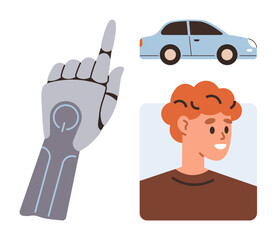 Robotic hand with pointing gesture alongside smiling person and blue compact car. Ideal for themes thumbs up AI, robotics, innovation, technology, transportation, future, human-machine interaction