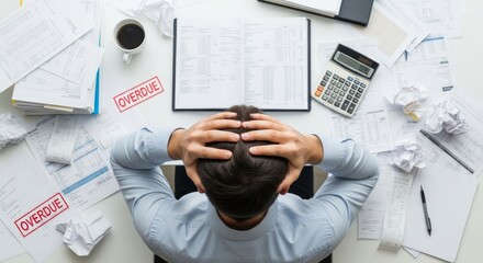 Tax season anxiety: A businessman overwhelmed by overdue bills and financial paperwork
