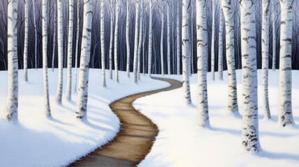 A path winding through snow-covered birch trees in a quiet, still winter forest