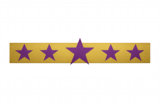 Five purple star rating on a horizontal gold bar, symbolizing customer feedback, quality, and achievement on transparent background - Powered by Adobe