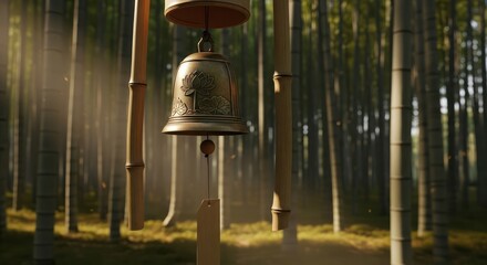 Fototapeta premium Serene symphony: a lotus-engraved wind chime whispers tranquility in a bamboo forest