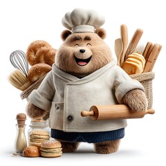 Happy 3D Bear Baker Mascot Character Holding Rolling Pin and Wearing Chef Hat and Uniform on White
