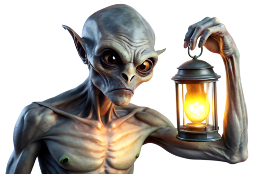 Eerie Alien Holding a Glowing Lantern Keywords: alien, creature, extraterrestrial, cutout png isolated on a transparent background