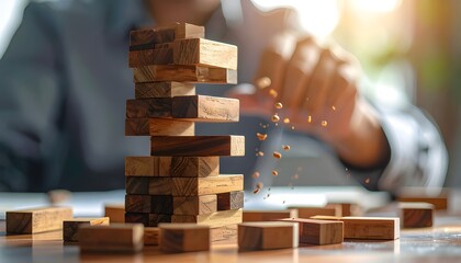 Wooden block tower falling apart with sparks in blur office background