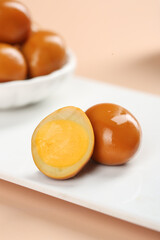 Soy Sauce Marinated Quail Eggs Cut in Half Ready to Eat Traditional Asian Appetizer Dish