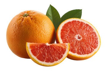 Vibrant fresh pink grapefruits, whole, half, and a slice, with green leaves, are isolated on a transparent background, high quality png.
