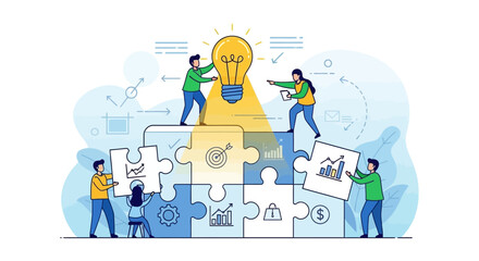 Teamwork and collaboration to create innovative business solutions with brainstorming and strategy