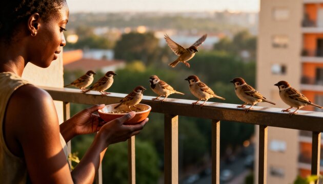 Black woman feeding sparrows on high-rise balcony in golden hour light with tranquil, nurturing mood