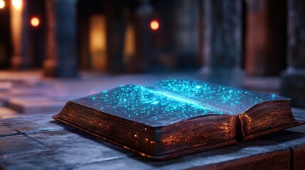Ancient tome with bright ethereal lights shining from open pages