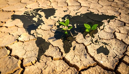 Dry earth, world map, green shoots