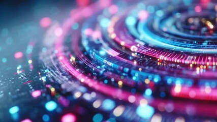 Futuristic technology hud neon circuit abstract spiral glow cyber digital loop interface, glowing circuit ring neon light trail cyber pattern, abstract data flow digital grid sci fi mood immersive - Powered by Adobe