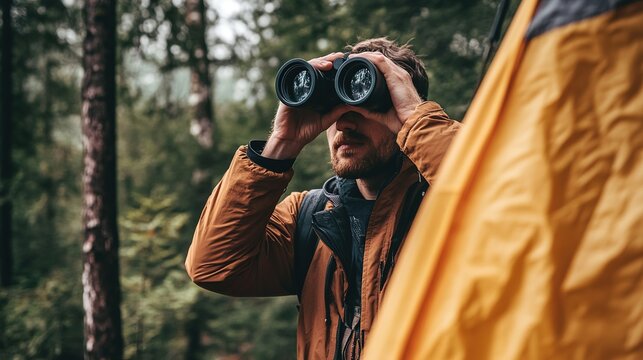A man using binoculars while observing nature, standing near a tent in a lush forest environment.