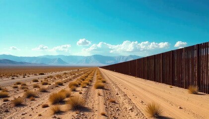 A sweeping vista of the US-Mexico border fence stretching across the arid landscape under a vast, blue sky  The stark contrast highlights the geographical and political divisions  , desert, mexico