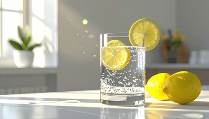 Sparkling glass of refreshing beverage with sliced citrus fruit, bubbles, and whole fruits, placed on a clean white table with natural sunlight, evoking a feeling of freshness and relaxation,...