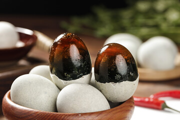 Traditional Gaoyou Century Duck Eggs Chinese Preserved Delicacy Gourmet Food in Wooden Bowl