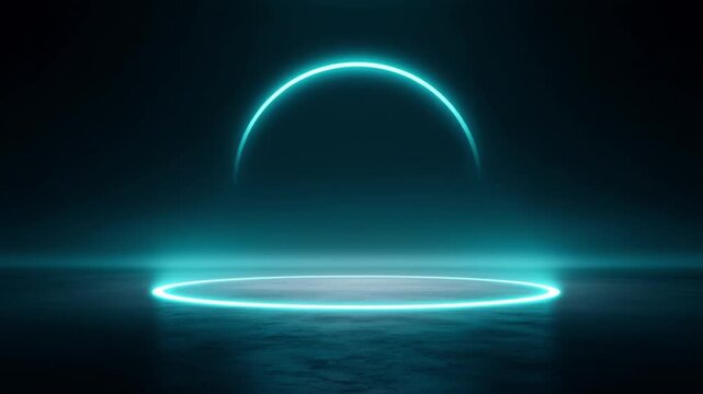Futuristic hud loop technology glow circle neon ring over dark water horizon minimal sci fi scene serene mood with neon glow arc loop ring hud futuristic technology abstract minimal scene