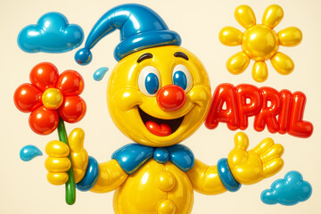 April illustration where everything is made of balloons: cheerful character holding red daisy, “APRIL” balloon letters, balloon sun and clouds, colorful and festive spring design.