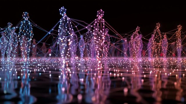 A Stunning Visualization of Interconnected Digital Beings in a Futuristic Ambient Setting, Featuring a Dynamic Display of Light and Energy Representing Human Connection and Data Interaction