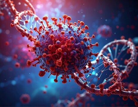 Close-up of a virus entwined with DNA.  Detailed illustration of a virus particle and DNA strands