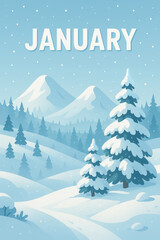 Vertical January illustration with snowy mountains and pine forest in blue and white tones, perfect for seasonal posters, phone wallpapers and calendar designs.