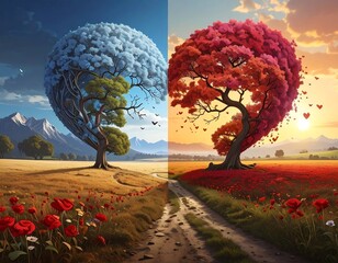 Two trees, opposite seasons