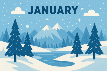 Illustrated January winter scene with snowy mountains and pine trees in blue and white tones, perfect for seasonal, holiday or calendar designs.