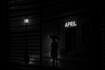 Cinematic noir April illustration: rainy street at night, man in trench coat with umbrella under lamppost light, bar named “APRIL” glowing in background, dark moody atmosphere.