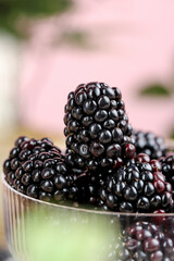Fresh Ripe Blackberries in Glass Bowl - Healthy Organic Berries Close-up