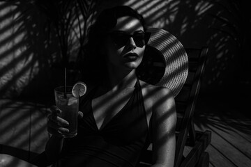 Cinematic noir summer illustration: elegant woman with sunglasses holding tall glass with lemon slice and straw, dramatic window blind shadows, moody stylish atmosphere.