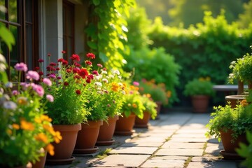 Fototapeta premium A vibrant and lush patio garden overflowing with colorful flowers and healthy herbs in terracotta pots, bathed in sunlight , terracotta pots, tranquility, urban gardening