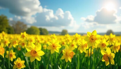 Obraz premium A vibrant and sunny field brimming with cheerful daffodils in full bloom, creating a breathtaking carpet of yellow Perfect for spring, Easter, and nature themes , flowers, field