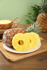 Fresh Golden Pineapple Slices on Wooden Board - Tropical Fruit Food Photography