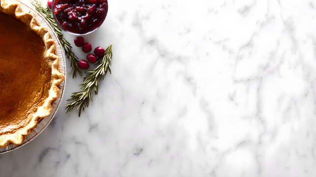 Thanksgiving. White marble surface, geometric slices of pumpkin pie, cranberry sauce, rosemary branches
